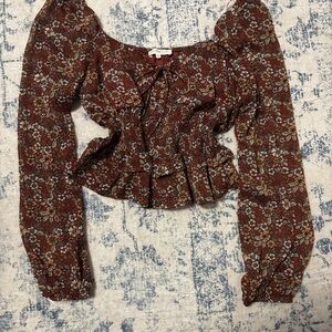 Ultra Flirt Floral Smocked Top in Brown and Cream with gold sparkle